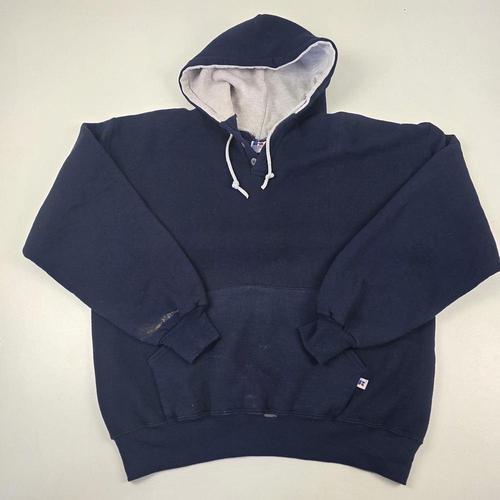 VTG Russell Athletic Hoodie Mens 2XL Blue Henley Pullover Fleece Made USA 50/50